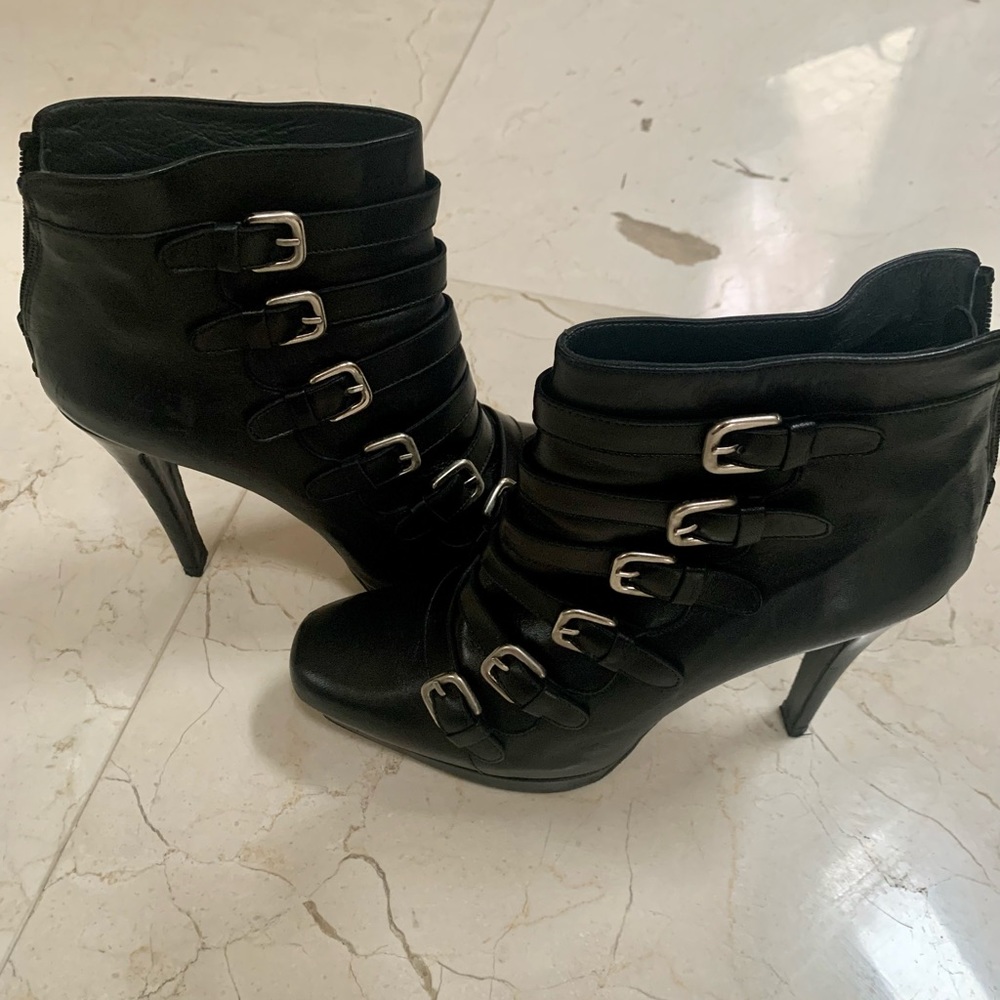 Stuart Weitzman Black Ankle Booties with Silver Accents